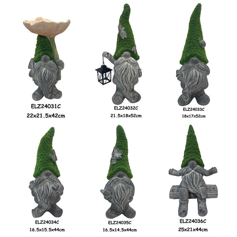 Wholesale Fiber Clay Grass-Flocked Gnome Statues Gnomes Standing Holding Lanterns Riding on Snails and Frogs Manufacturer, Product