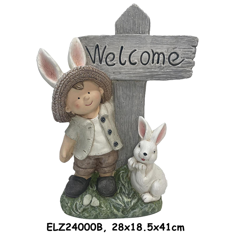 Wholesale Handmade Fiber Clay Cheerful Boy and Girl Holding Welcome Sign Home and Garden Decor Manufacturers, Suppliers