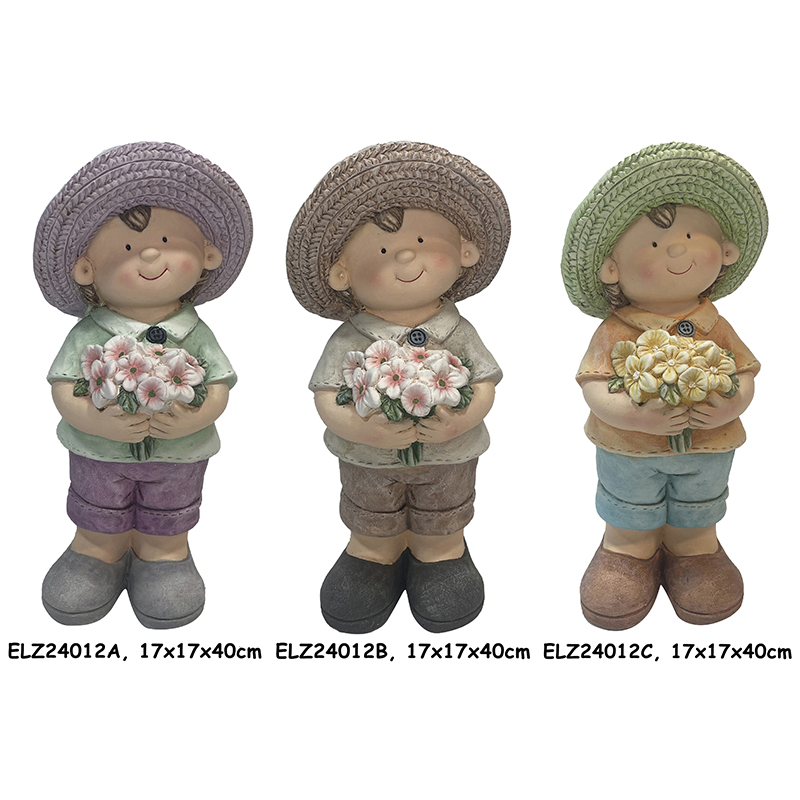 China Handcrafted Rustic Duo of Nature Blossom Boy and Girl Statue Fiber Clay Statues for Home And Garden Factory, Exporter