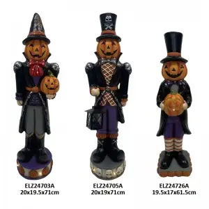 Fiber Clay Halloween Gentleman Figures Collection Spooky Pumpkin Head Wearing Hat Holding Jack-o-lantern
