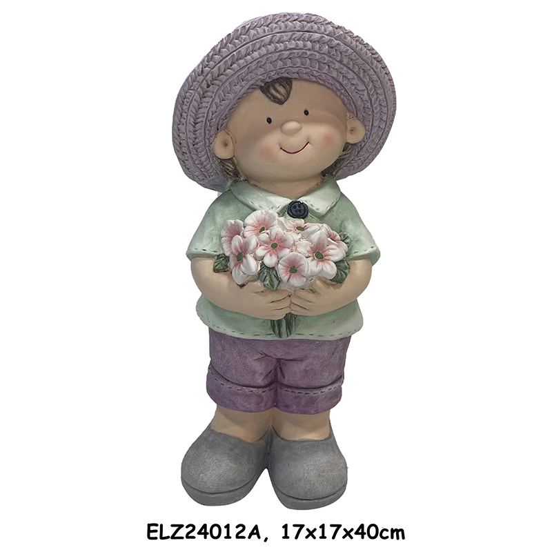 China Handcrafted Rustic Duo of Nature Blossom Boy and Girl Statue Fiber Clay Statues for Home And Garden Factory, Exporter