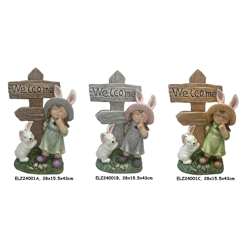 Wholesale Handmade Fiber Clay Cheerful Boy and Girl Holding Welcome Sign Home and Garden Decor Manufacturers, Suppliers