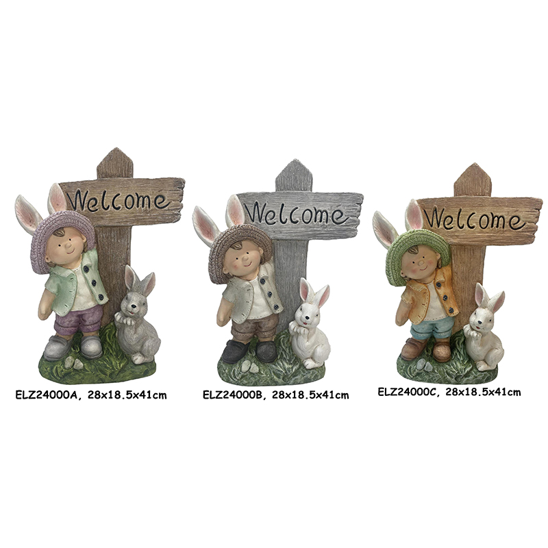 Wholesale Handmade Fiber Clay Cheerful Boy and Girl Holding Welcome Sign Home and Garden Decor Manufacturers, Suppliers