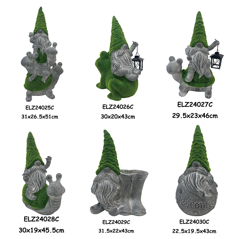 Wholesale Fiber Clay Grass-Flocked Gnome Statues Gnomes Standing Holding Lanterns Riding on Snails and Frogs Manufacturer, Product