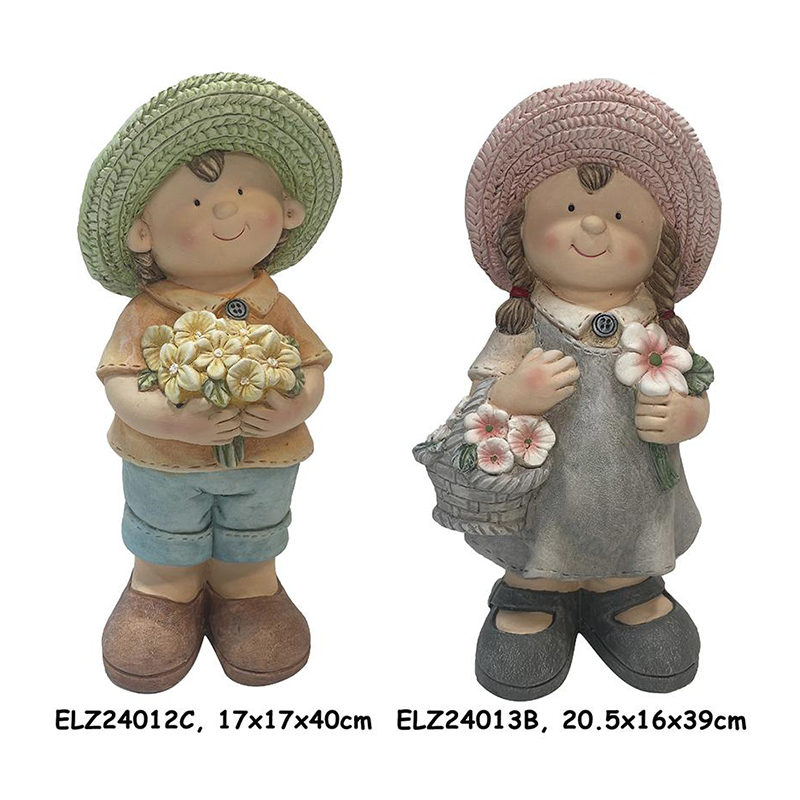 China Handcrafted Rustic Duo of Nature Blossom Boy and Girl Statue Fiber Clay Statues for Home And Garden Factory, Exporter