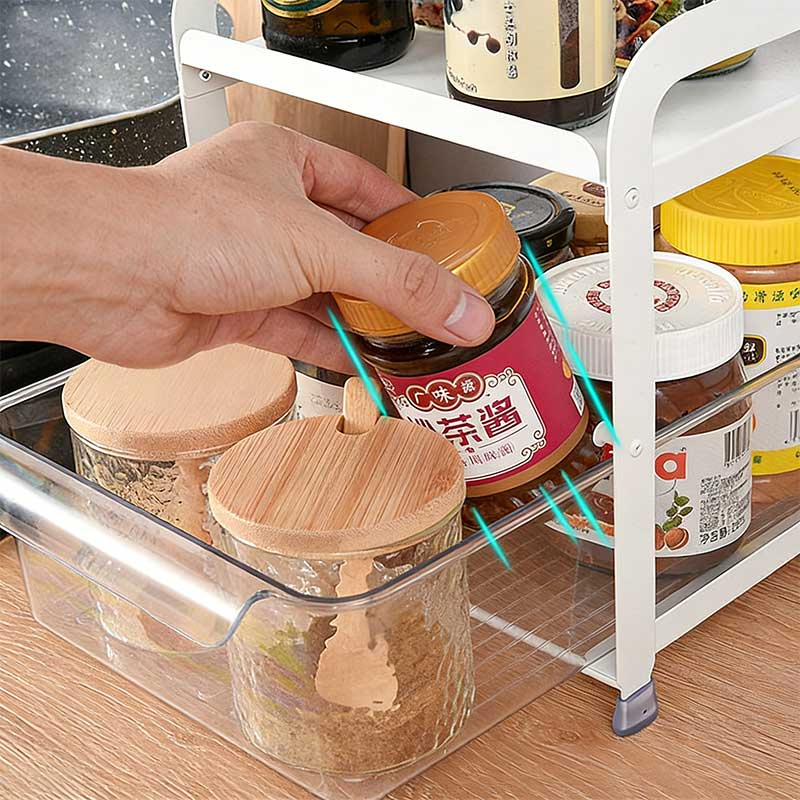 Streamline Your Kitchen Organization with This Drawer-Type Rack Designed for Storing Cups, Mugs, Snacks and Fruits.