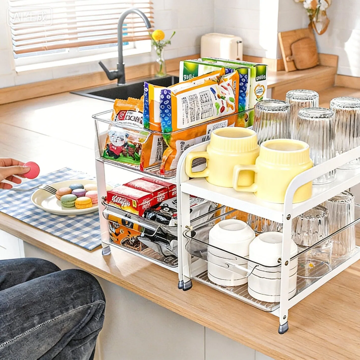 Streamline Your Kitchen Organization with This Drawer-Type Rack Designed for Storing Cups, Mugs, Snacks and Fruits.