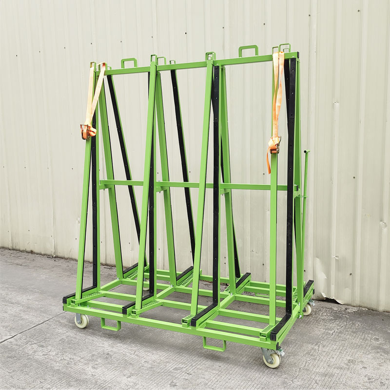 72" Rear High Quartz Glass Transport Rack Panel Material Storage Rack with Securing Bars, Forklift Holes, Glass Trolley