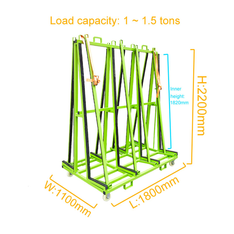 72" Rear High Quartz Glass Transport Rack Panel Material Storage Rack with Securing Bars, Forklift Holes, Glass Trolley