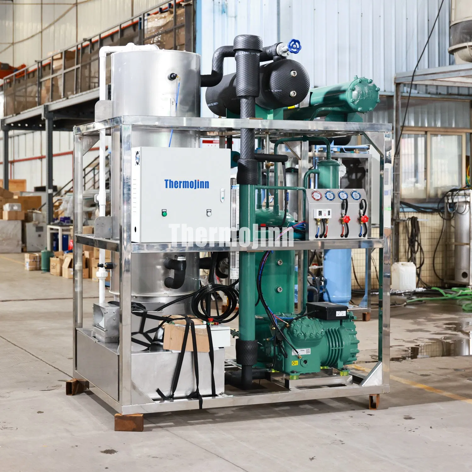 High-Output Tube Ice Equipment with Hot Gas Defrost Technology Ensuring Rapid Harvest Cycles and Energy Efficiency for Centralized Ice Distribution Centers