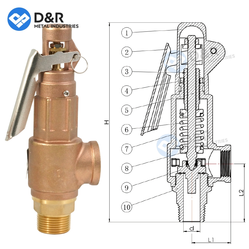 D&R Brass Adjustable Safety Relief Valve Thread Metal Seal Spring Loaded Bypass Pressure Safety Valve with Handle Lever for Boilers HVAC Systems