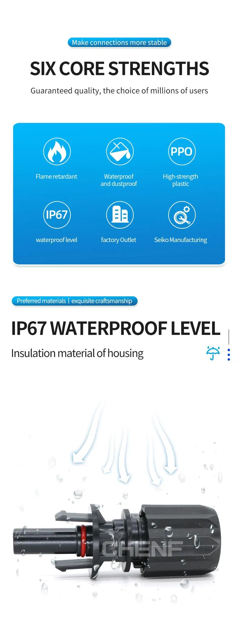 موصل عالي الجودة IP67 موصل PV مقاوم للماء 30A 1000V 1500V موصل شمسي يستخدم في نظام الطاقة الشمسية