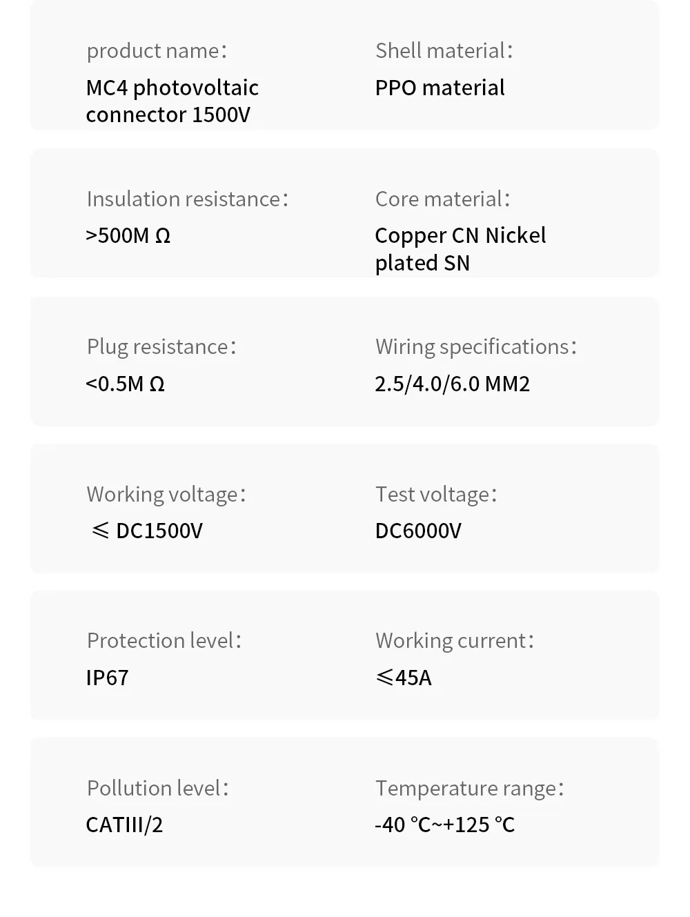مجموعتان من موصلات الطاقة الشمسية 1500V 45A PV IP67