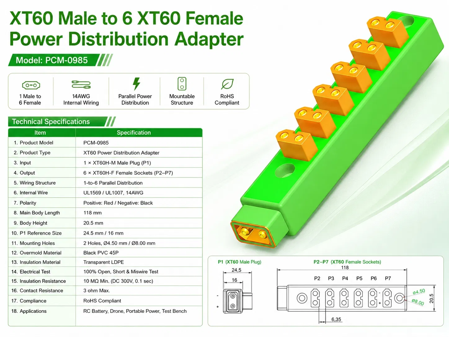 Xt60 محول توزيع الطاقة ذكر إلى ستة Xt60 أنثى لمحطات شحن بطاريات الطائرات بدون طيار، معدات الطائرات، أنظمة الطاقة المحمولة PCM-0985
