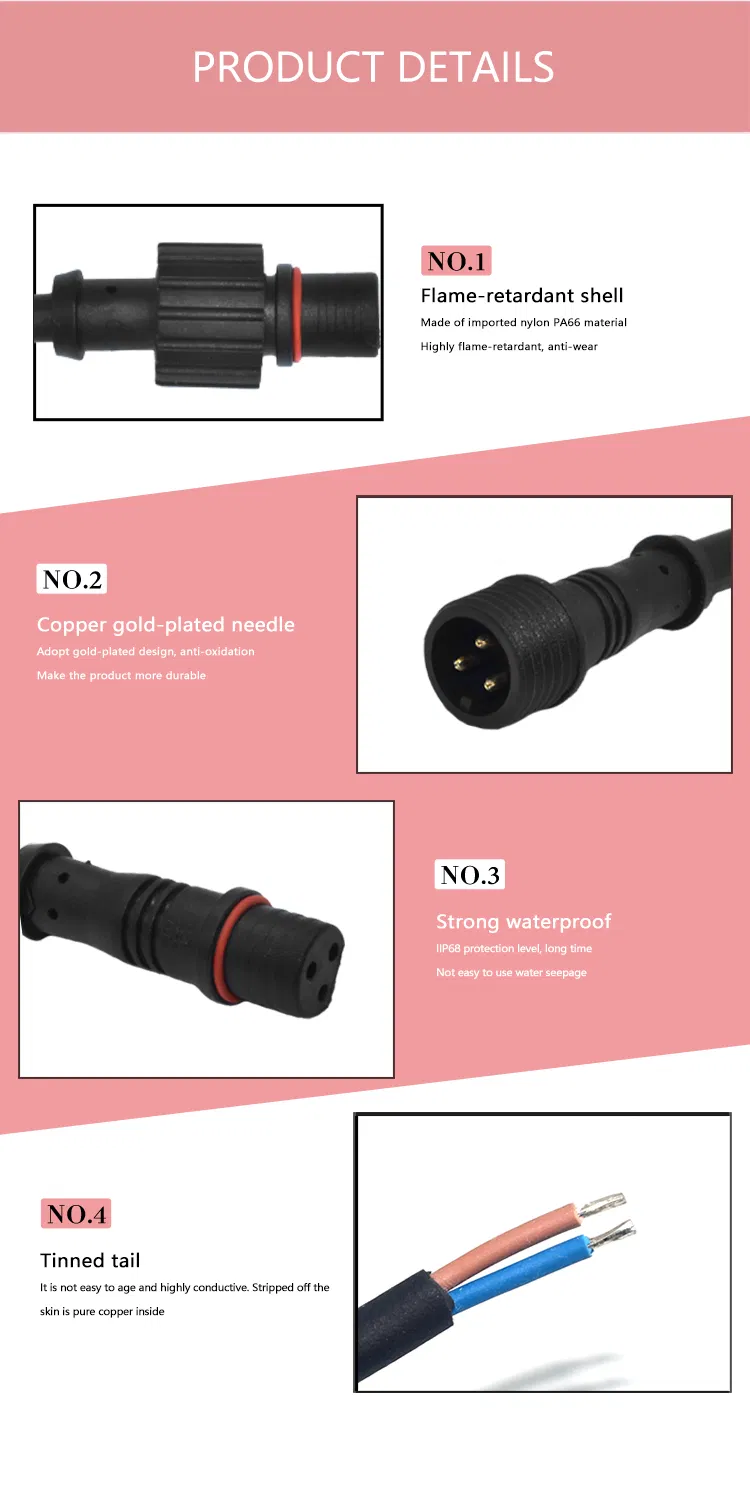 سلك طاقة LED مقاوم للماء صغير 12V سلك مصباح شمسي M12-2core قابس ذكر وأنثى موصلات مصباح شمسي