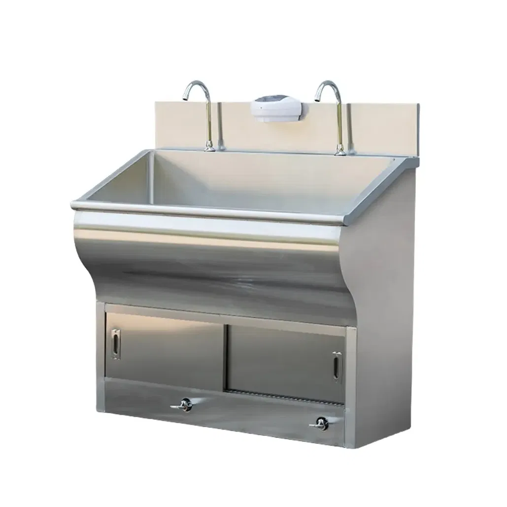 304 Stainless Steel Two-Person Inductive/Foot Pedal Hand Washing Medical Surgical Scrub Sink with LED Light and Mirror