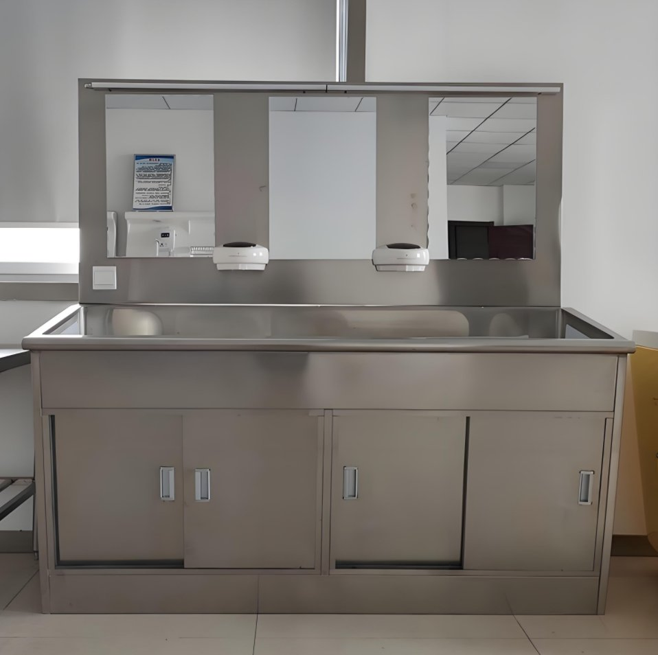 Factory Direct Medical Stainless Steel Sink for Hospital Customizable Single/Double Basin Scrub Sink Cabinet with Mirror,Ideal for Clinic,Er,and Surgical Rooms