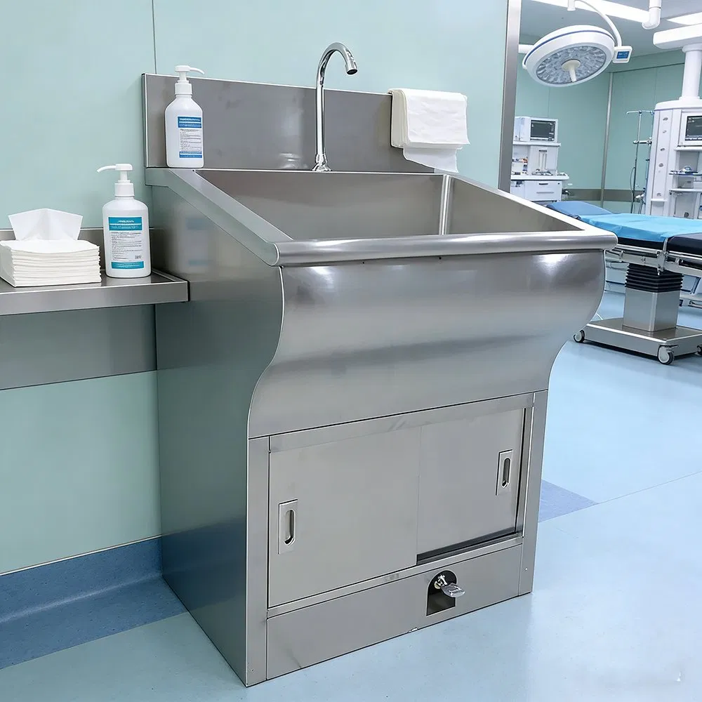 304 Stainless Steel Two-Person Inductive/Foot Pedal Hand Washing Medical Surgical Scrub Sink with LED Light and Mirror