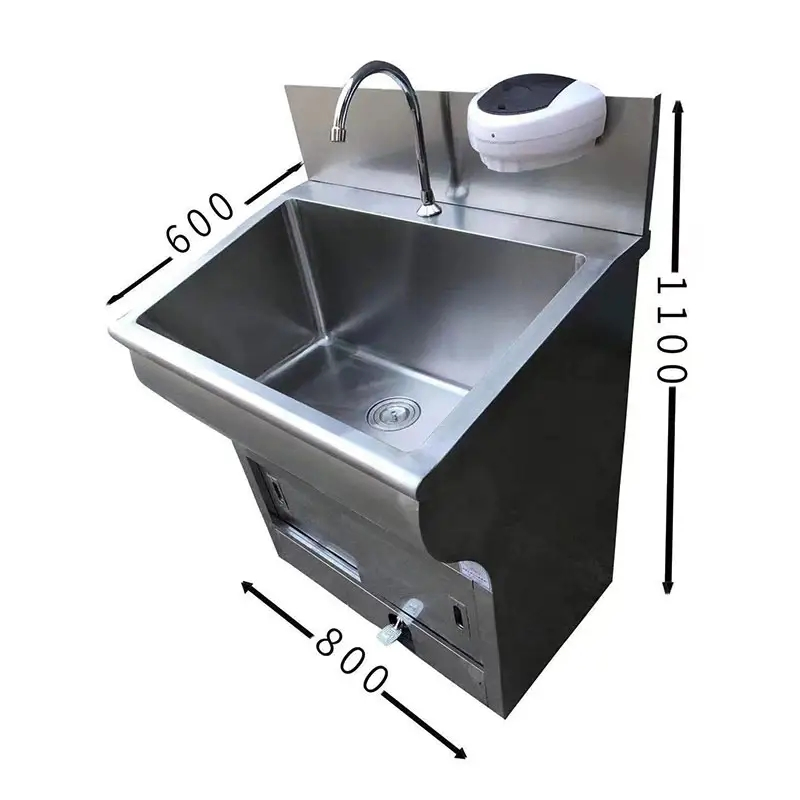 304 Stainless Steel Two-Person Inductive/Foot Pedal Hand Washing Medical Surgical Scrub Sink with LED Light and Mirror