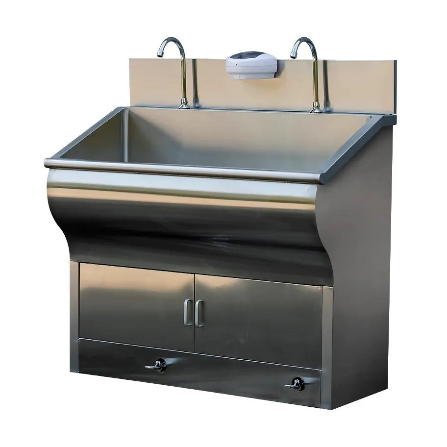 304 Stainless Steel Two-Person Inductive/Foot Pedal Hand Washing Medical Surgical Scrub Sink with LED Light and Mirror