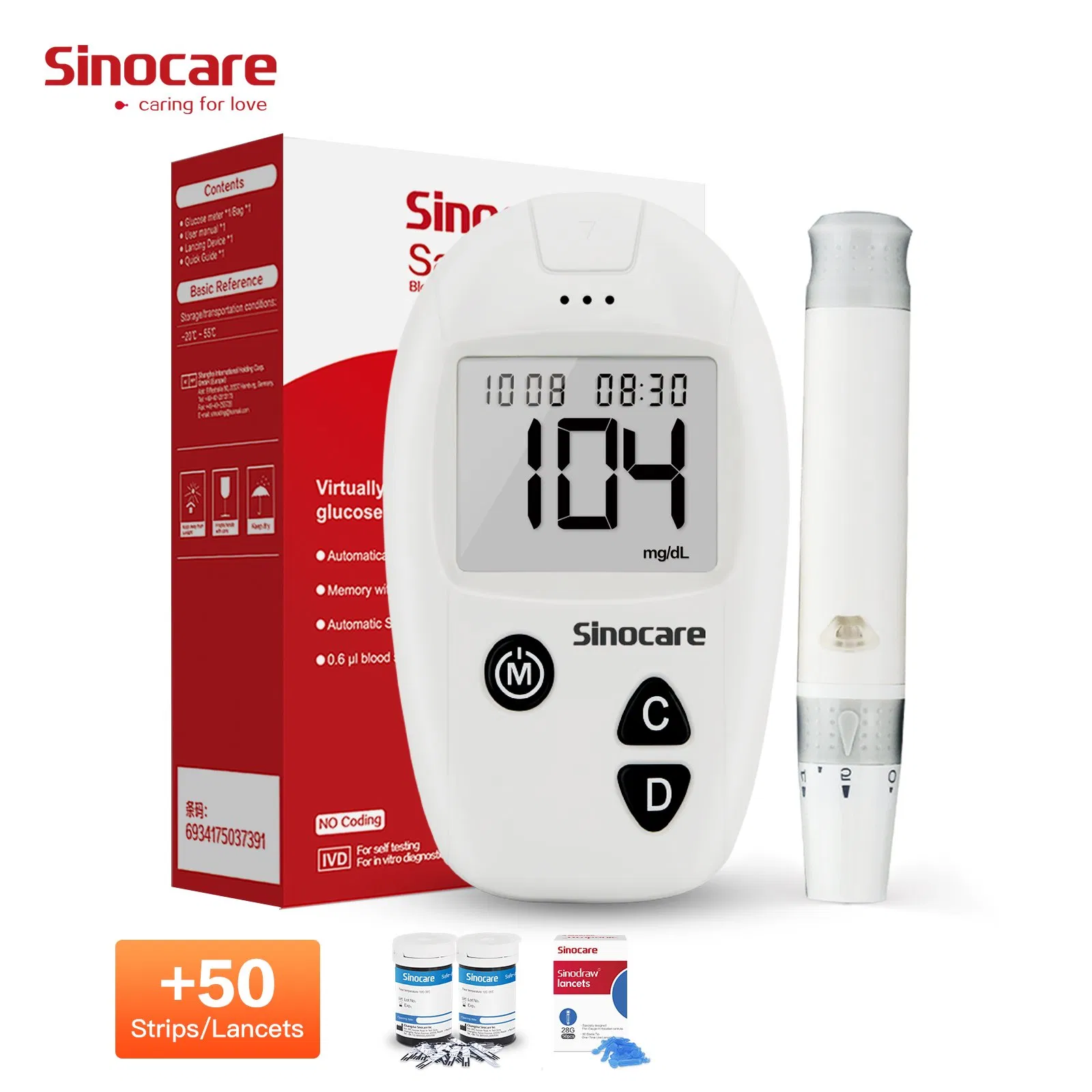 Medidor de glucosa Sinocare, monitor electrónico inalámbrico de azúcar en sangre, medidor digital inteligente automático de glucosa en sangre sin código
