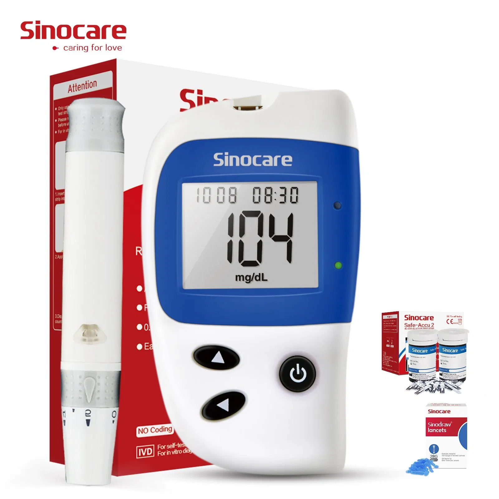 Kit de glucómetro digital portátil Sinocare sin código, monitor inteligente de nivel de azúcar en sangre, medidor de glucosa para hogar y hospital