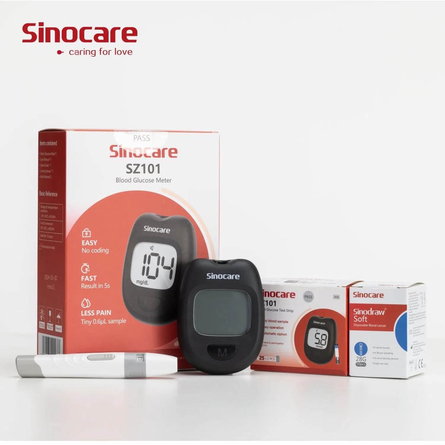 Medidor de glucosa en sangre Sinocare con codificación automática, kit de prueba química de azúcar en sangre para diabéticos con tiras y lancetas