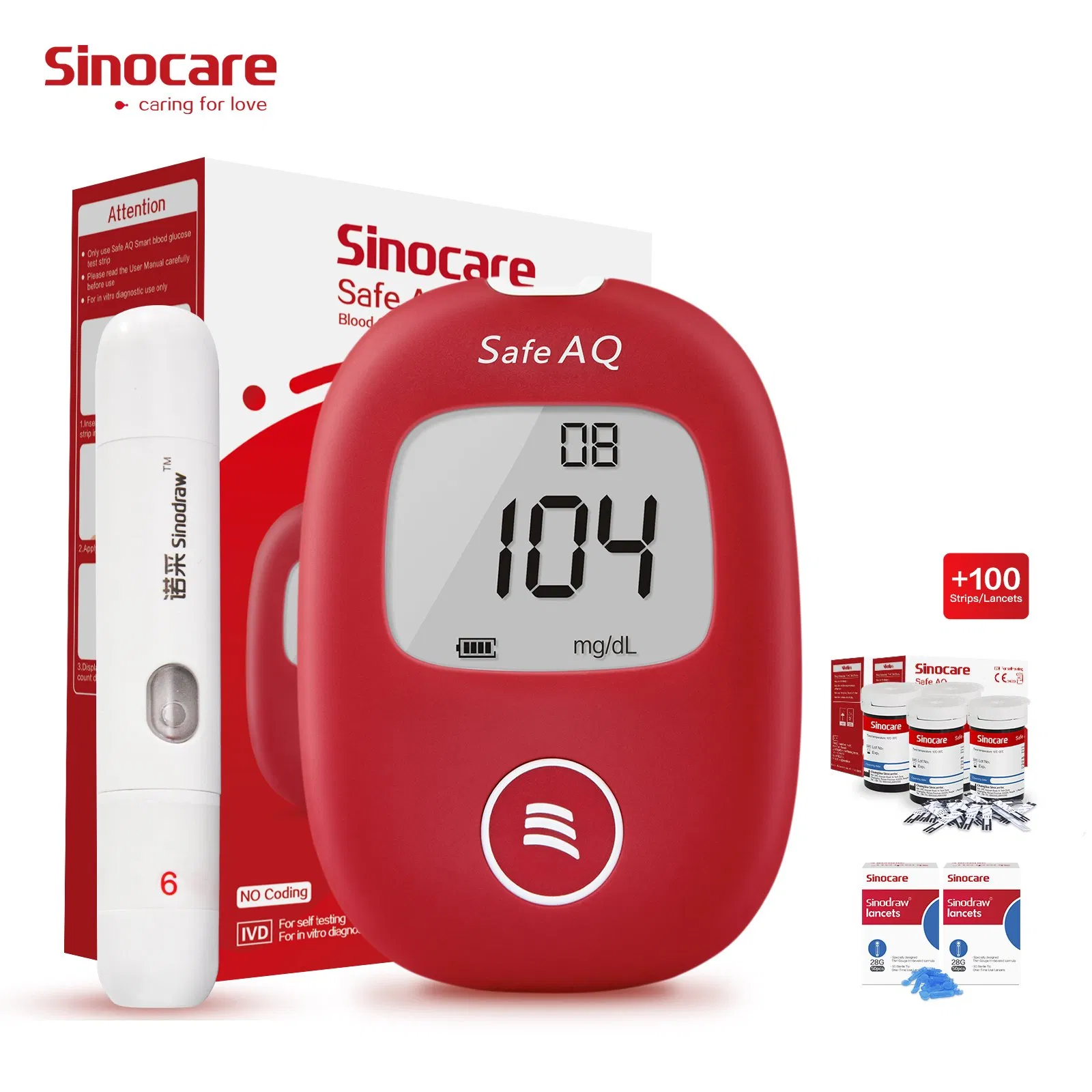 Medidor de glucosa Sinocare para diabetes, monitorización continua de glucosa digital, medidor de glucosa en sangre para el hogar con tiras reactivas para diabéticos