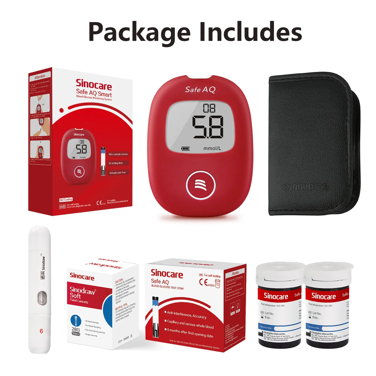 Medidor de glucosa Sinocare Medidor de glucosa multifuncional Tiras de prueba para diabéticos Medidor de glucosa Monitoreo