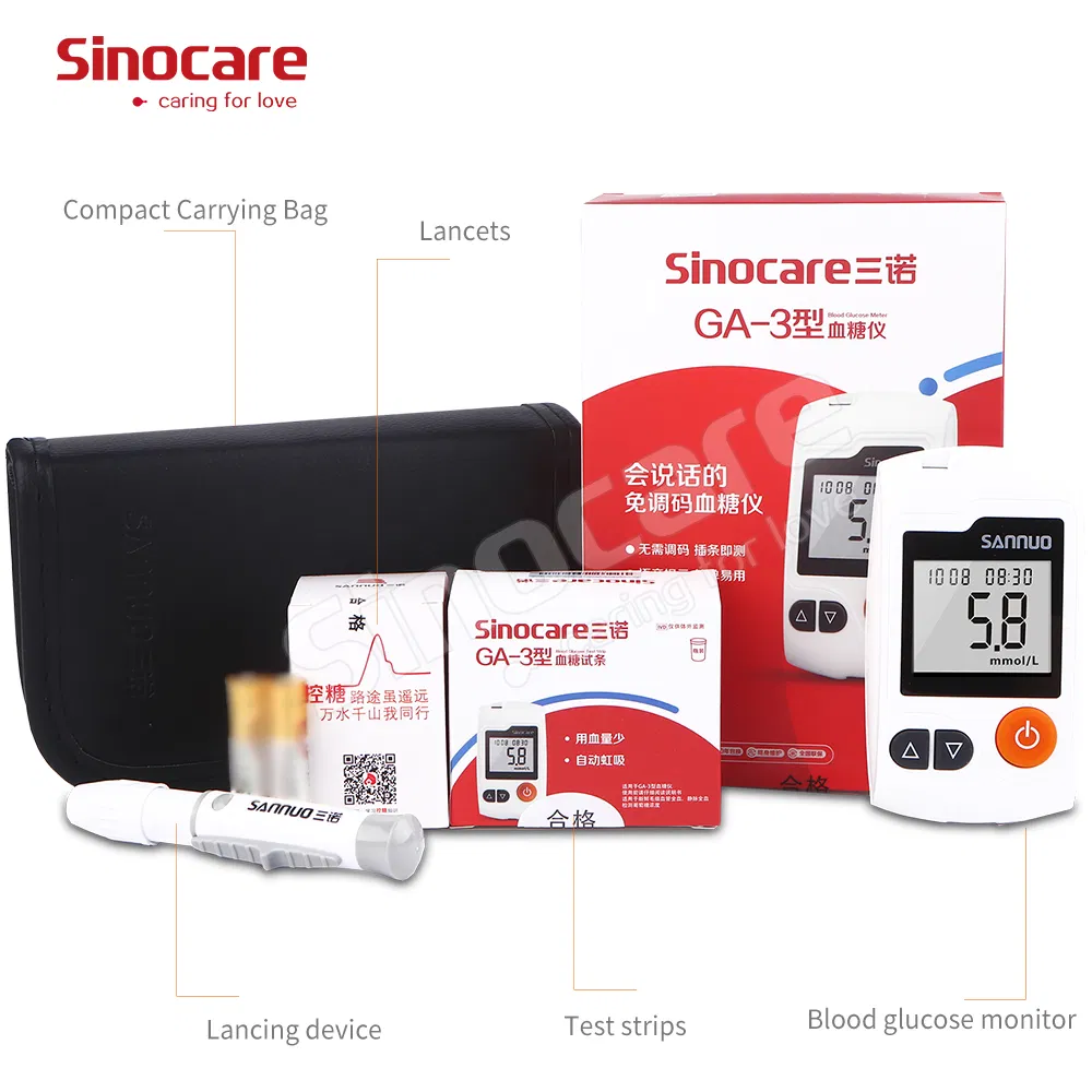 Fábrica de Medidores de Glucosa Sinocare Analizador Digital de Tiras Portátil Ga-3 Tiras Prueba de Glucosa en Sangre