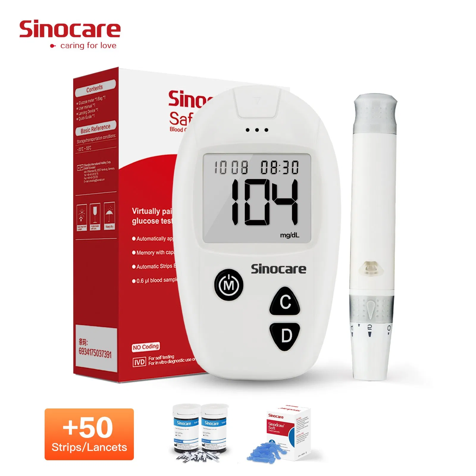 Medidor de glucosa en sangre Sinocare, medidor digital portátil de glucosa en sangre multifuncional