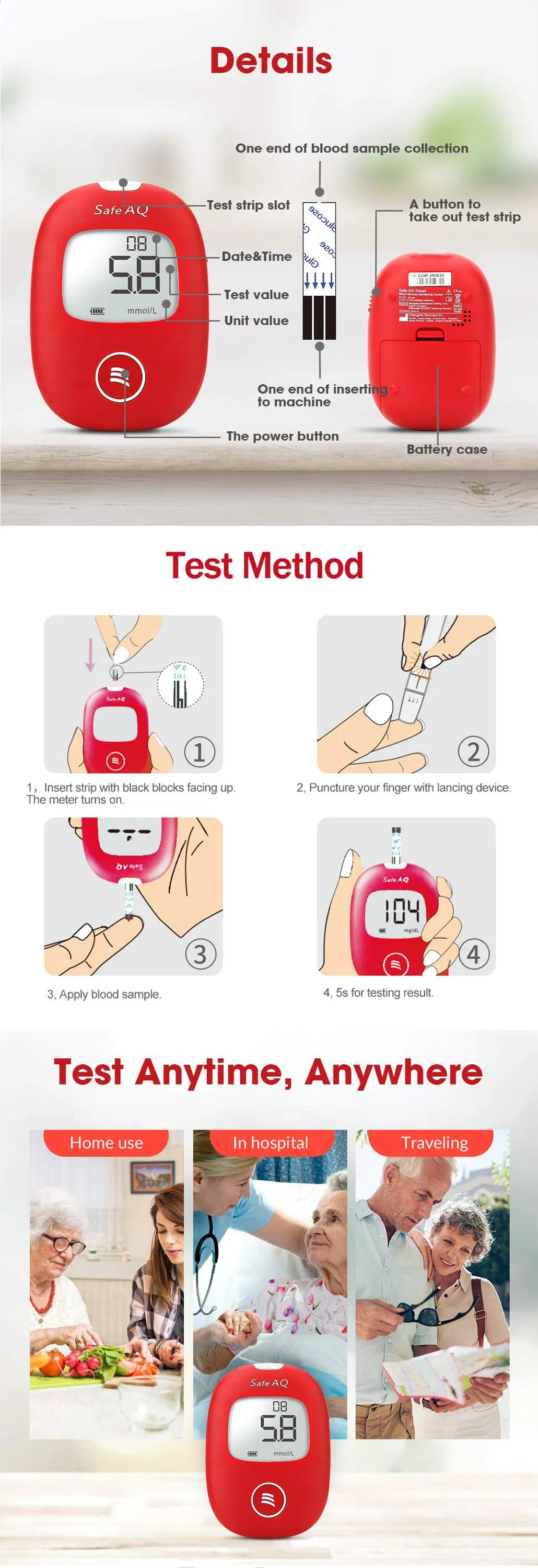 Tiras de prueba de glucosa en sangre para diabetes, medidor de glucosa en sangre seguro