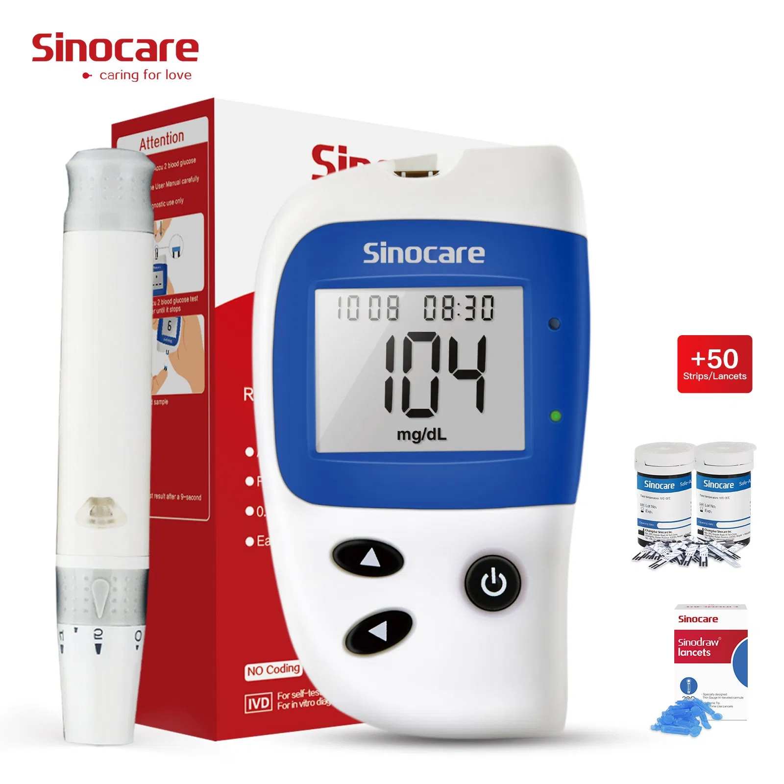 Medidor de glucosa en sangre Sinocare Máquina de prueba de sangre Rápida Precisa No invasiva Medidor de glucosa Multifuncional Monitor de azúcar para diabéticos