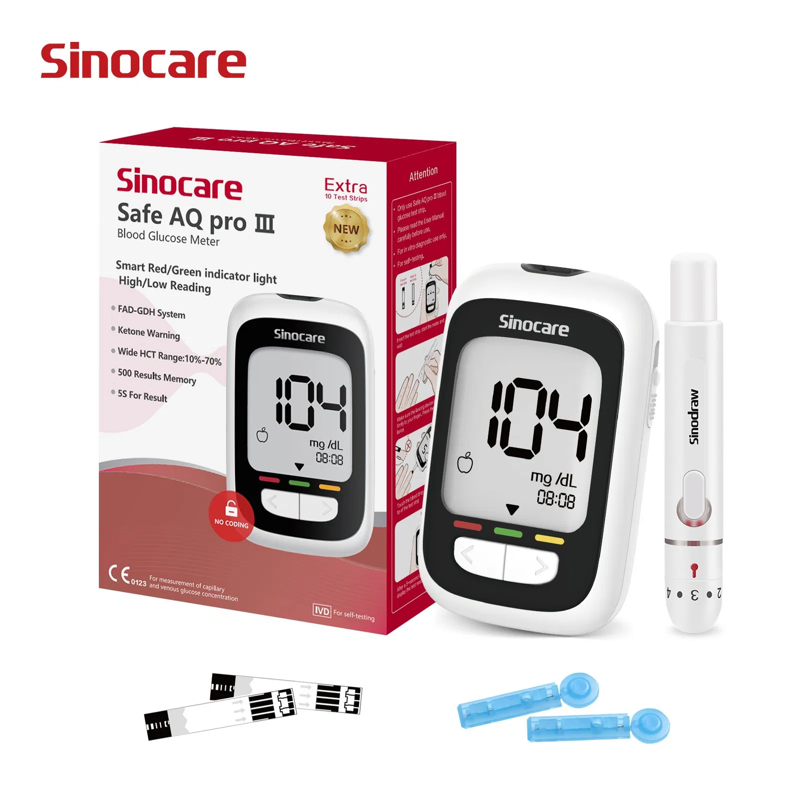 Máquina de Prueba de Diabetes Sinocare Monitor de Glucosa en Sangre Medidores de Glucosa con 50 PCS Tiras de Prueba de Glucosa en Sangre