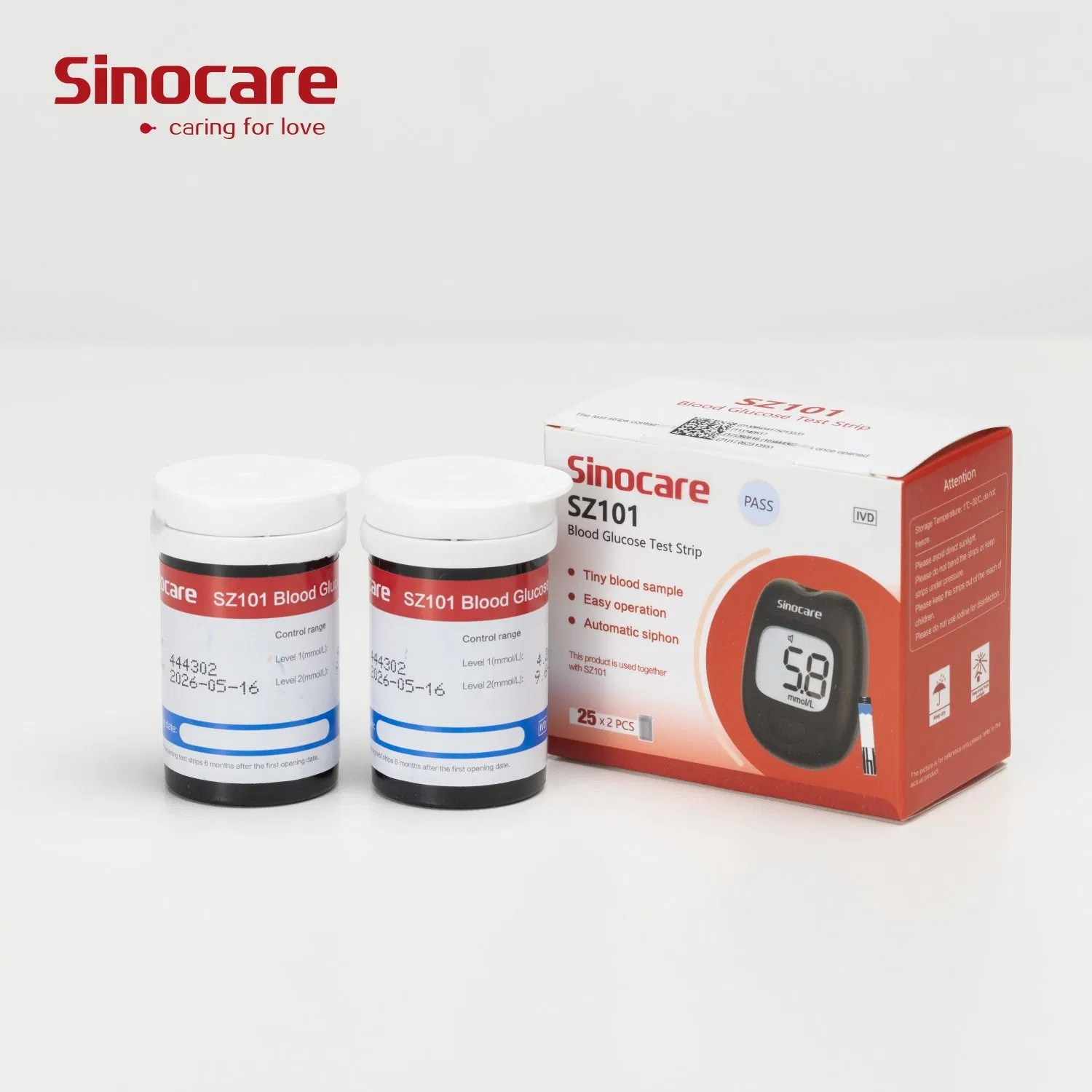 Sinocare Sz101 Medidor de glucosa digital Monitor de glucosa en sangre Prueba de glucosa para diabetes Tiras de prueba de glucosa