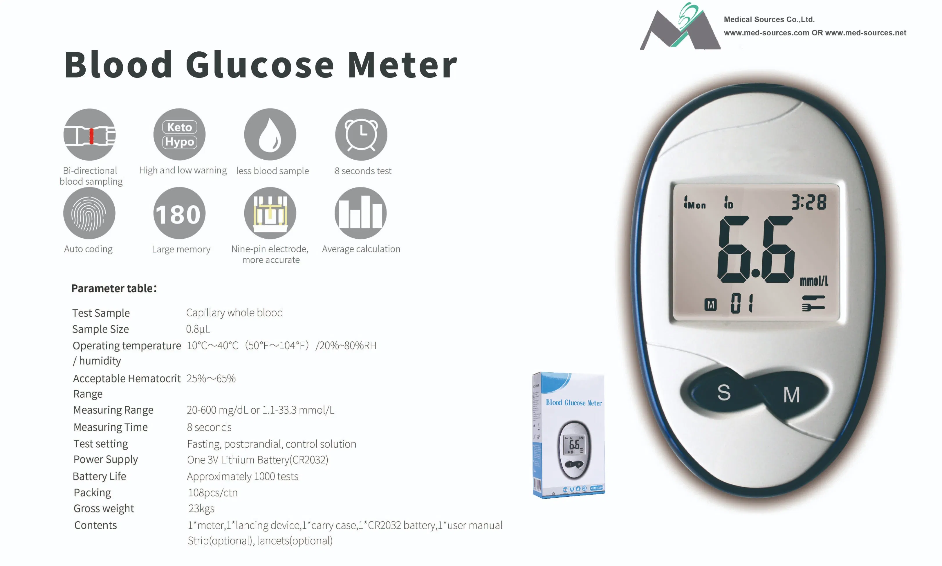 Ms-Gl100 Medidor de Glucosa en Sangre Digital