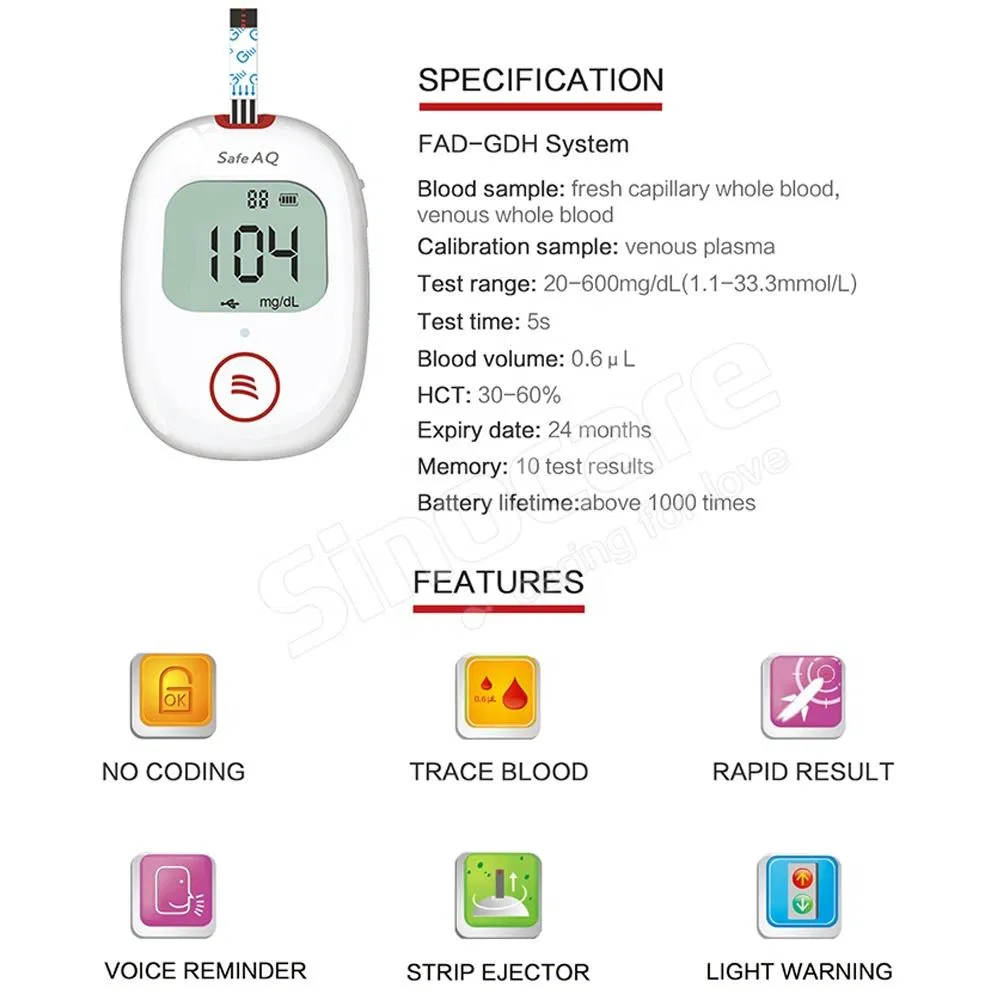 Medidor de glucosa en sangre Sinocare Quick Check, seguro, con voz, sensor de diabetes sin código, medidor de azúcar en sangre portátil con 25 PCS tiras de prueba