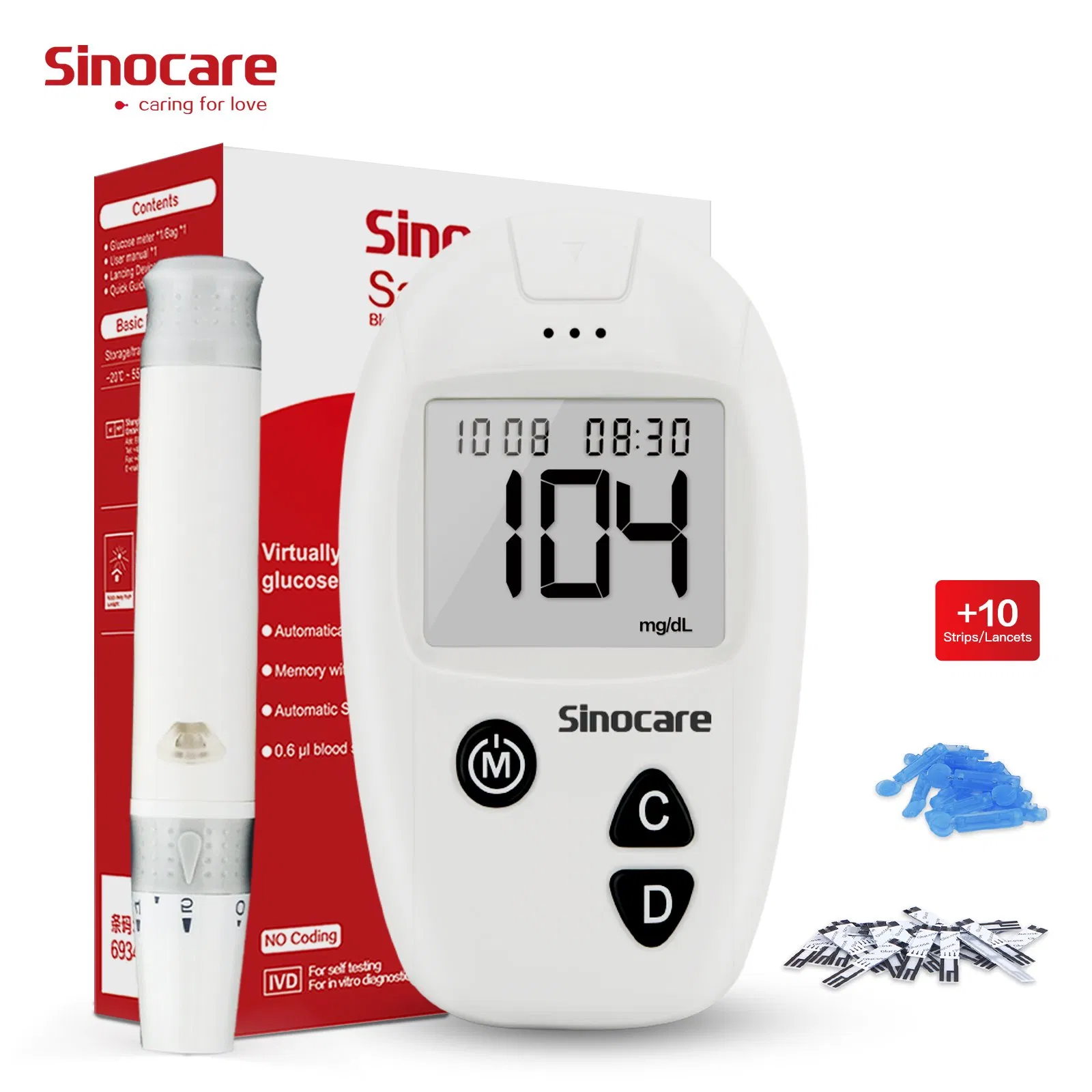 Medidor de Glucosa Sinocare Glucometro Monitor de Glucosa en Sangre con 50 PCS Tiras de Prueba Diabéticas Medidor de Glucosa