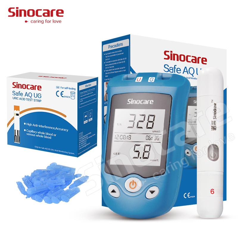 Medidor de Glucosa Sinocare Multifuncional 2 en 1 Medidor de Prueba de Glucosa en Sangre, Ácido Úrico y Colesterol con Tiras de Prueba