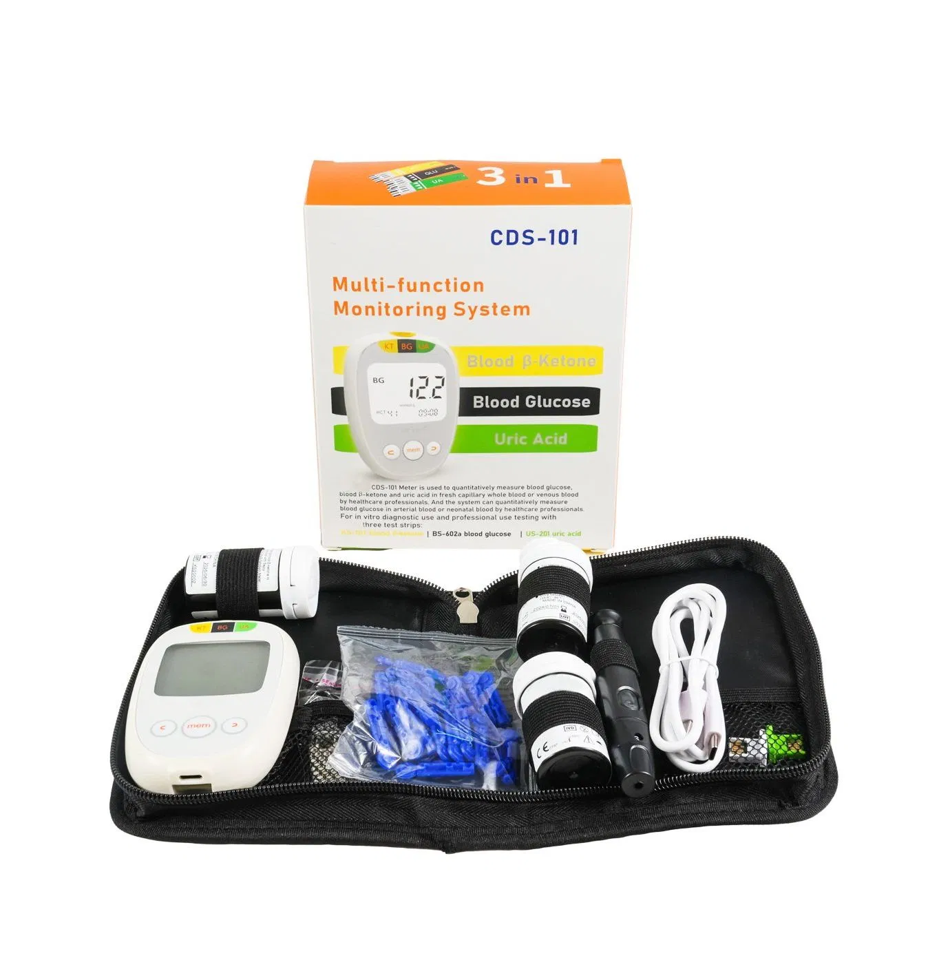 Sistema de Monitoreo Múltiple 3-in-1 Kit de Medición para Prueba Rápida de Glucosa en Sangre/ Ácido Úrico/ Cetonas en Sangre