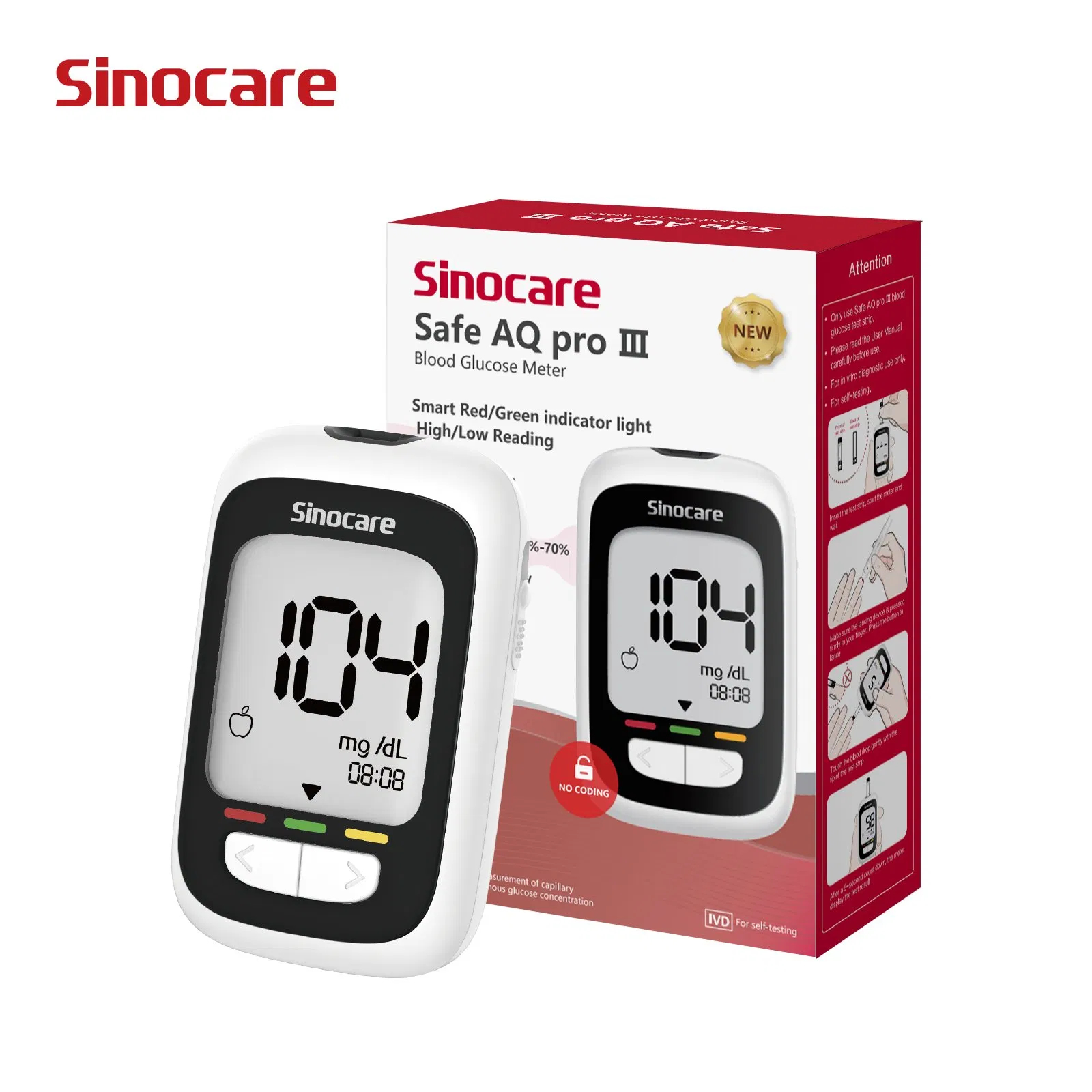 Medidor de glucosa Sinocare Safe Aq PRO III, glucómetro, máquina de prueba de azúcar en sangre, monitor de azúcar en sangre para diabetes
