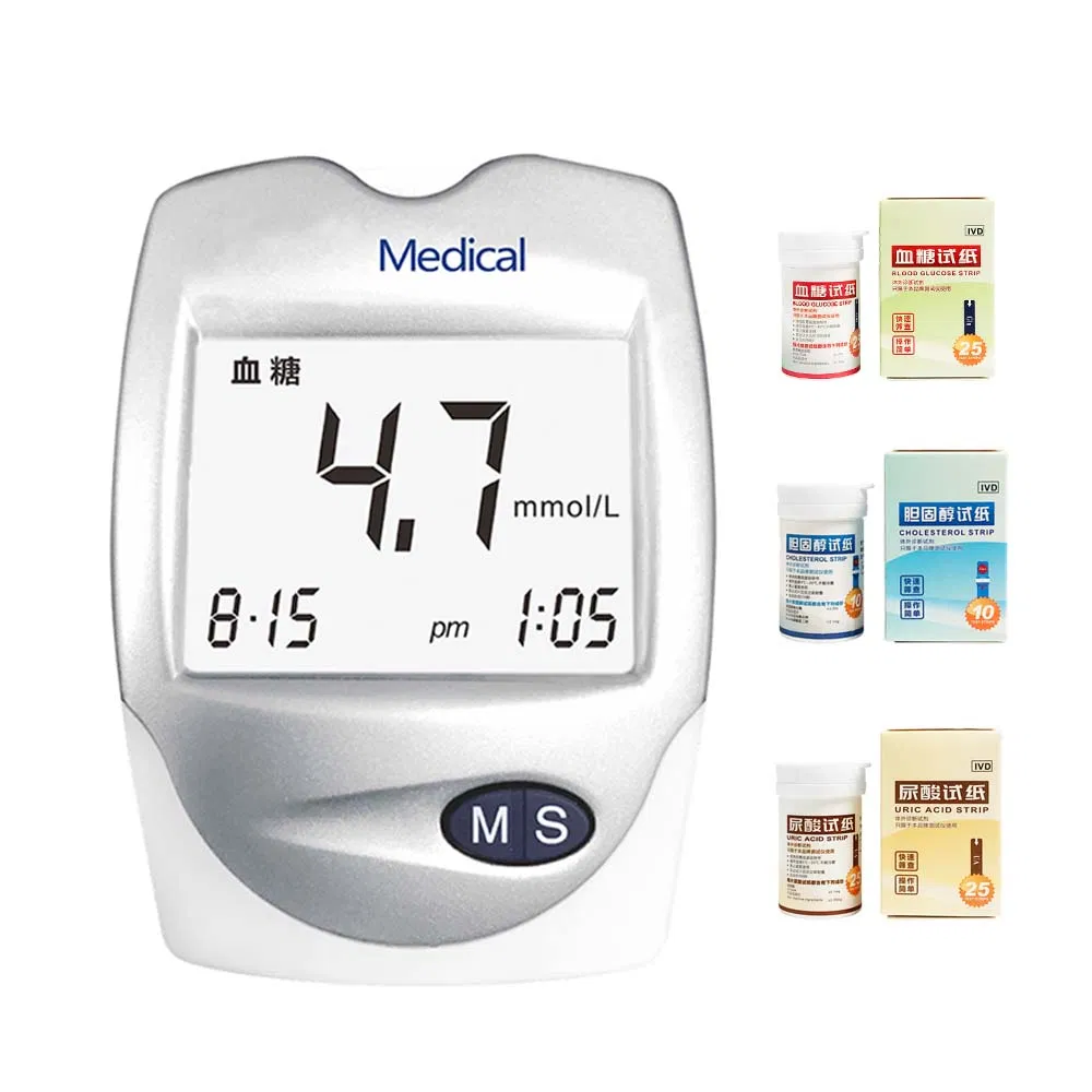 Medidor de glucosa en sangre para el hogar, monitor de diabetes, medidor de glucosa en sangre diabético al por mayor, colesterol, ácido úrico con tiras de prueba