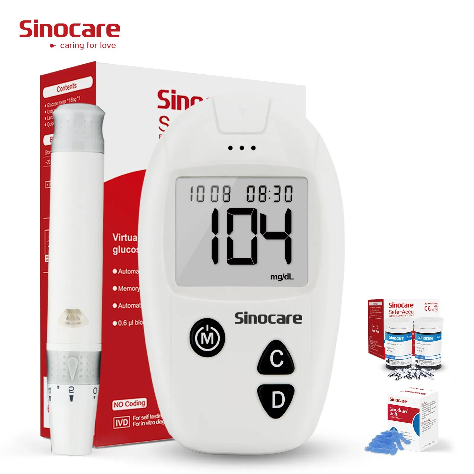 Medidor de glucosa Sinocare para uso doméstico, glucómetro automático, tipo inteligente, medidor de glucosa en sangre