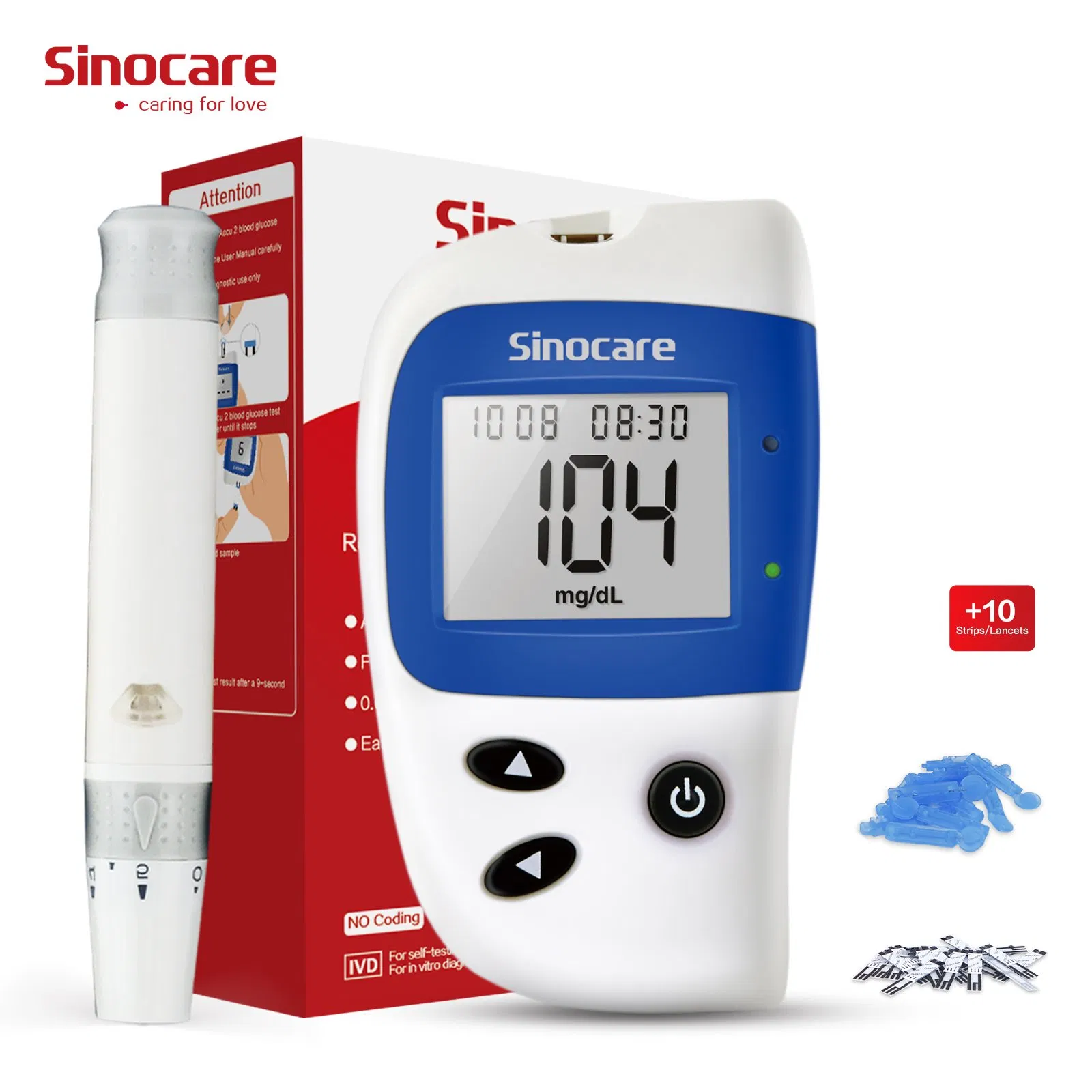 Medidor de glucosa en sangre Sinocare de alta calidad, monitor de glucosa de verificación rápida, tiras de prueba de glucosa en llamada Plus