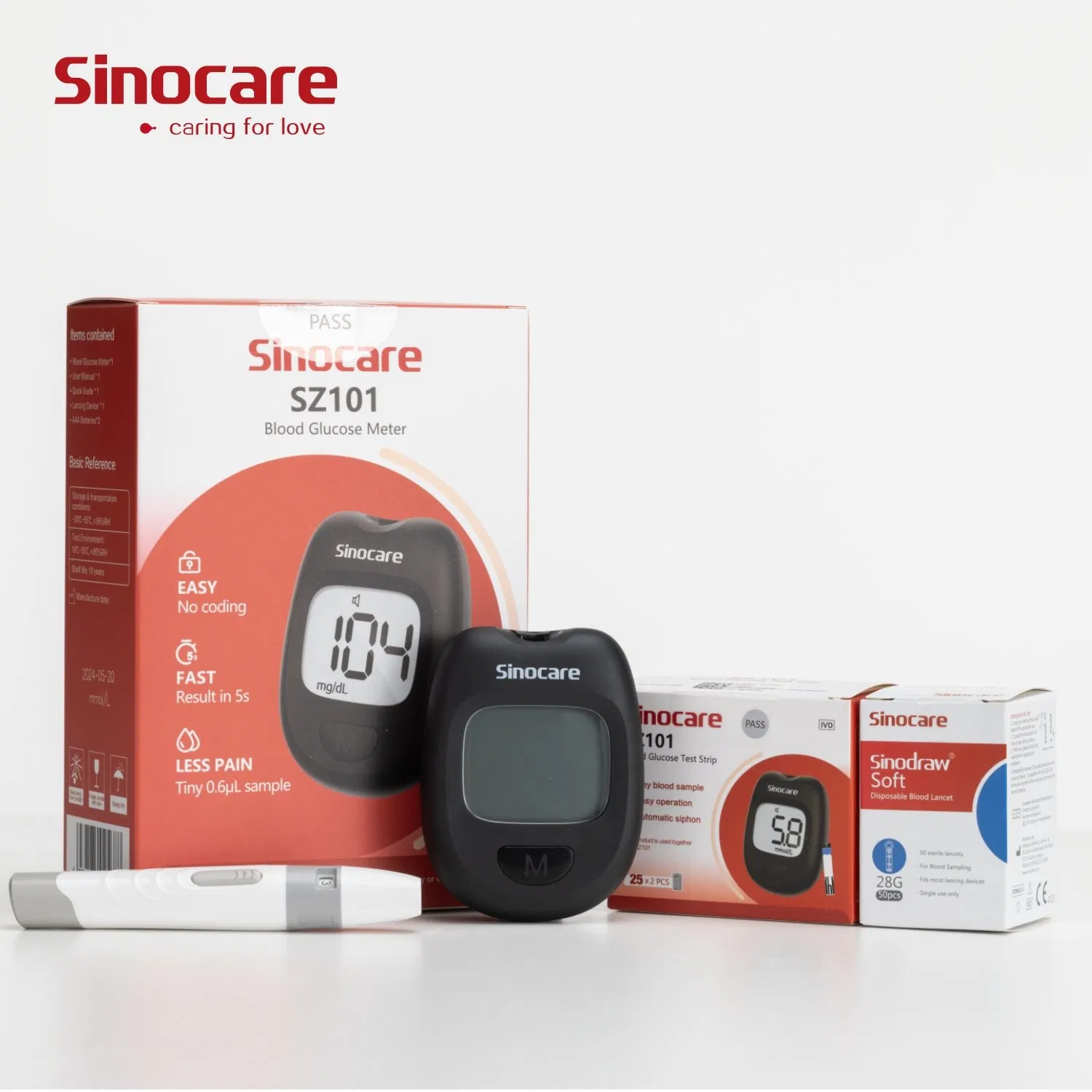 Medidor de glucosa en sangre Sinocare Productos médicos Kit de medidores de nivel de glucosa con pantalla LCD Medición precisa Medidor de sangre de glucosa inalámbrico