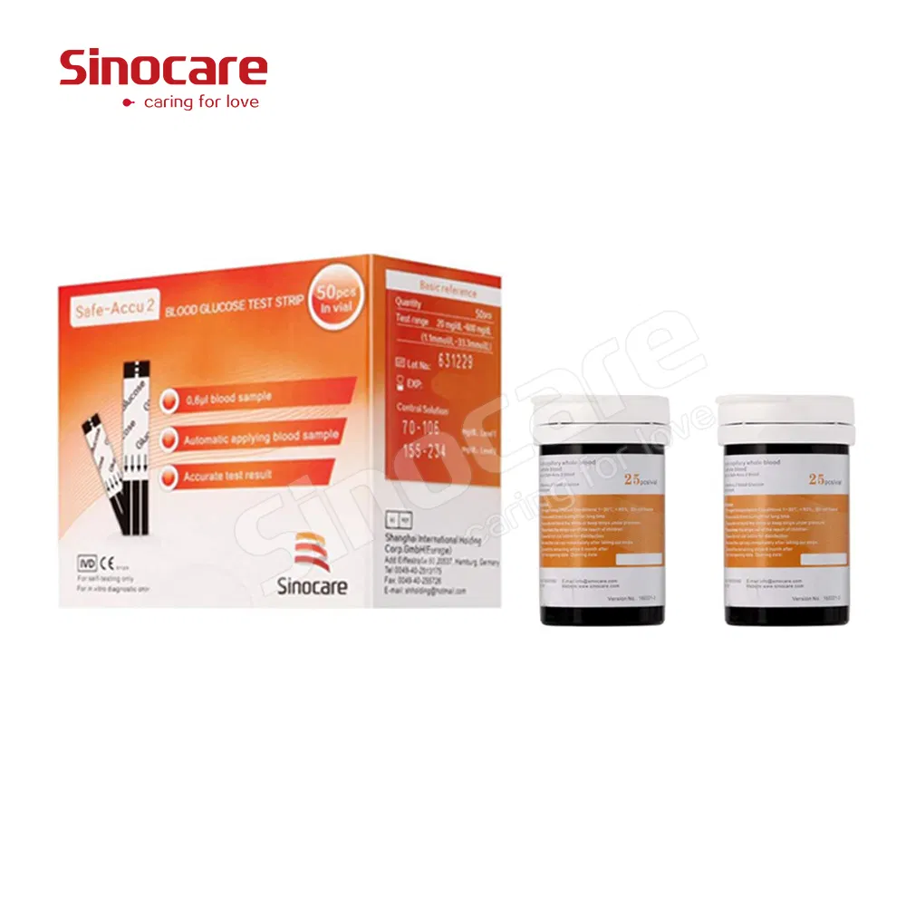 Tiras de prueba diabéticas Sinocare, medidor de glucosa en sangre portátil con pantalla LCD para hospitales y hogares con CE e ISO