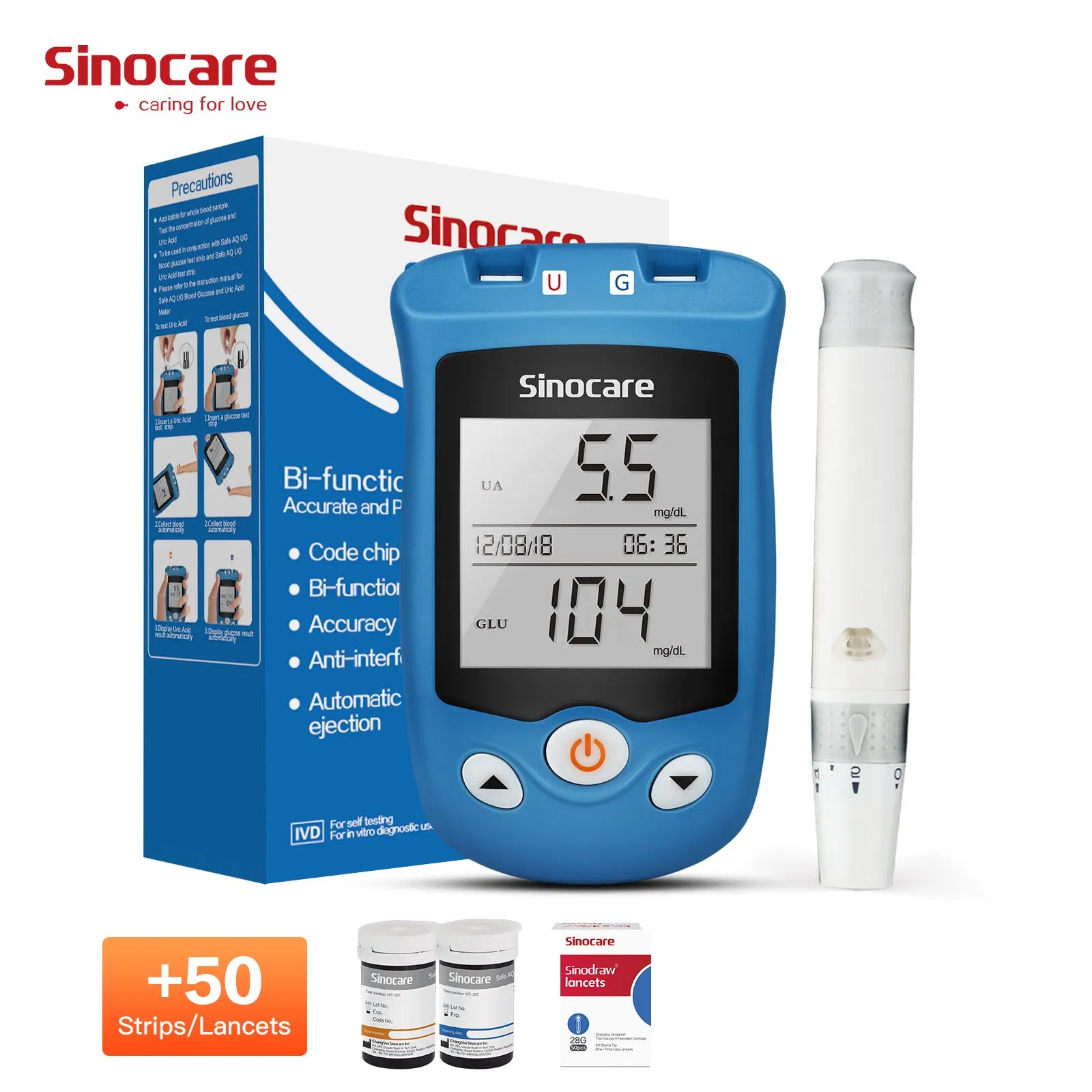 Medidor de Glucosa Sinocare Multifuncional 2 en 1 Medidor de Prueba de Glucosa en Sangre, Ácido Úrico y Colesterol con Tiras de Prueba