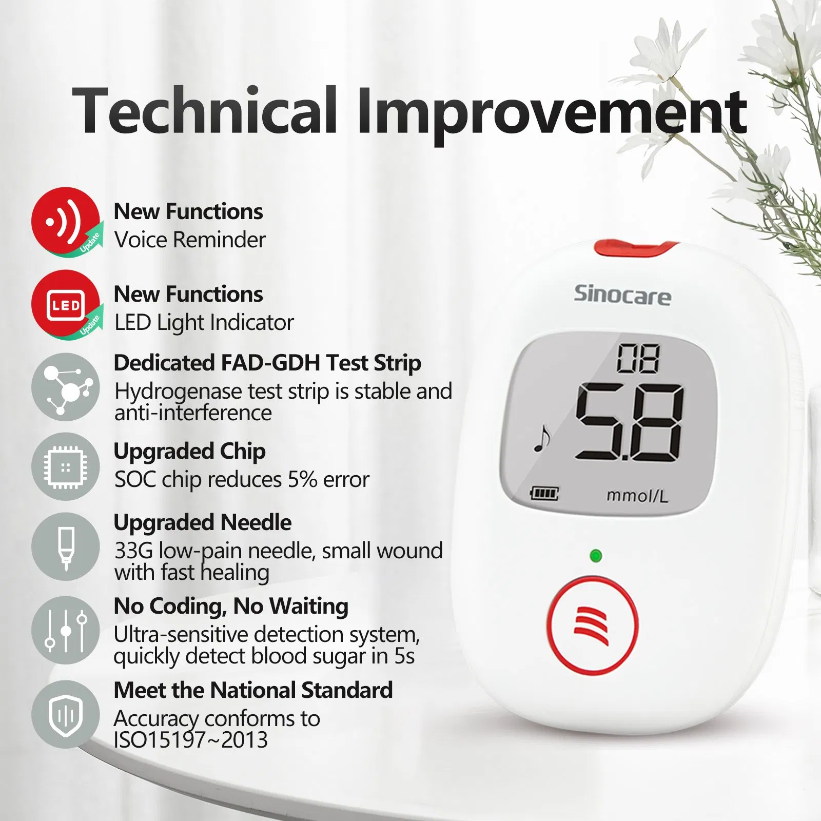 Sinocare 2023 Nuevo Kit de Glucometro Digital Portátil Sin Código Monitor de Nivel de Azúcar en Sangre Medidor de Glucosa