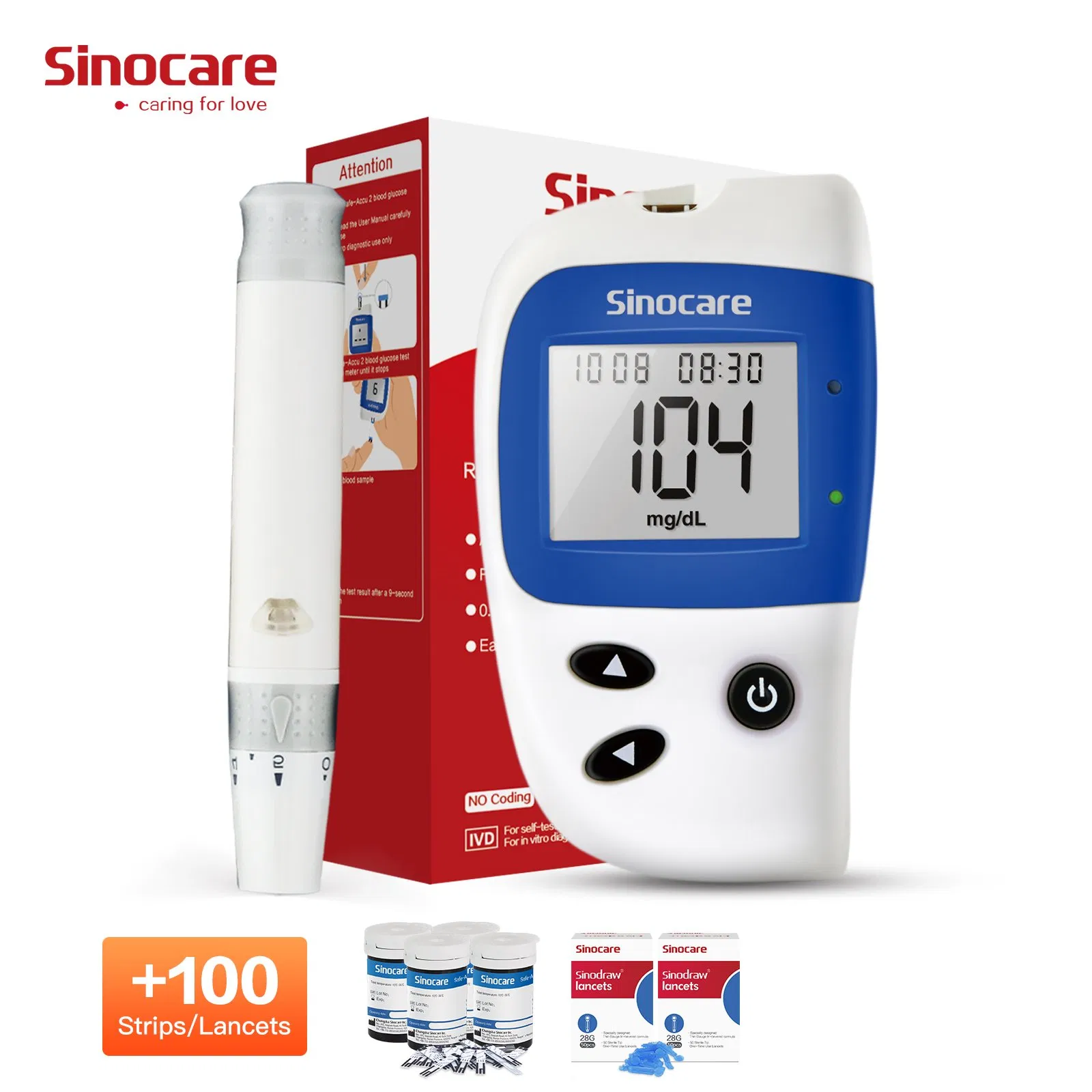 Monitor de glucosa en sangre inalámbrico Sinocare para el hogar, precisión, glucómetro digital, dispositivos de prueba de azúcar en sangre no invasivos