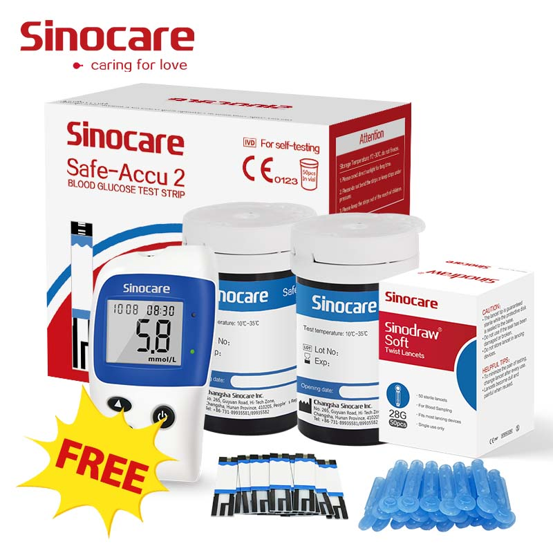 Tiras de Prueba Diabéticas Sinocare Prueba Rápida Análisis Multifuncional Medidor de Glucosa en Sangre y Ácido Úrico con Tiras de Prueba